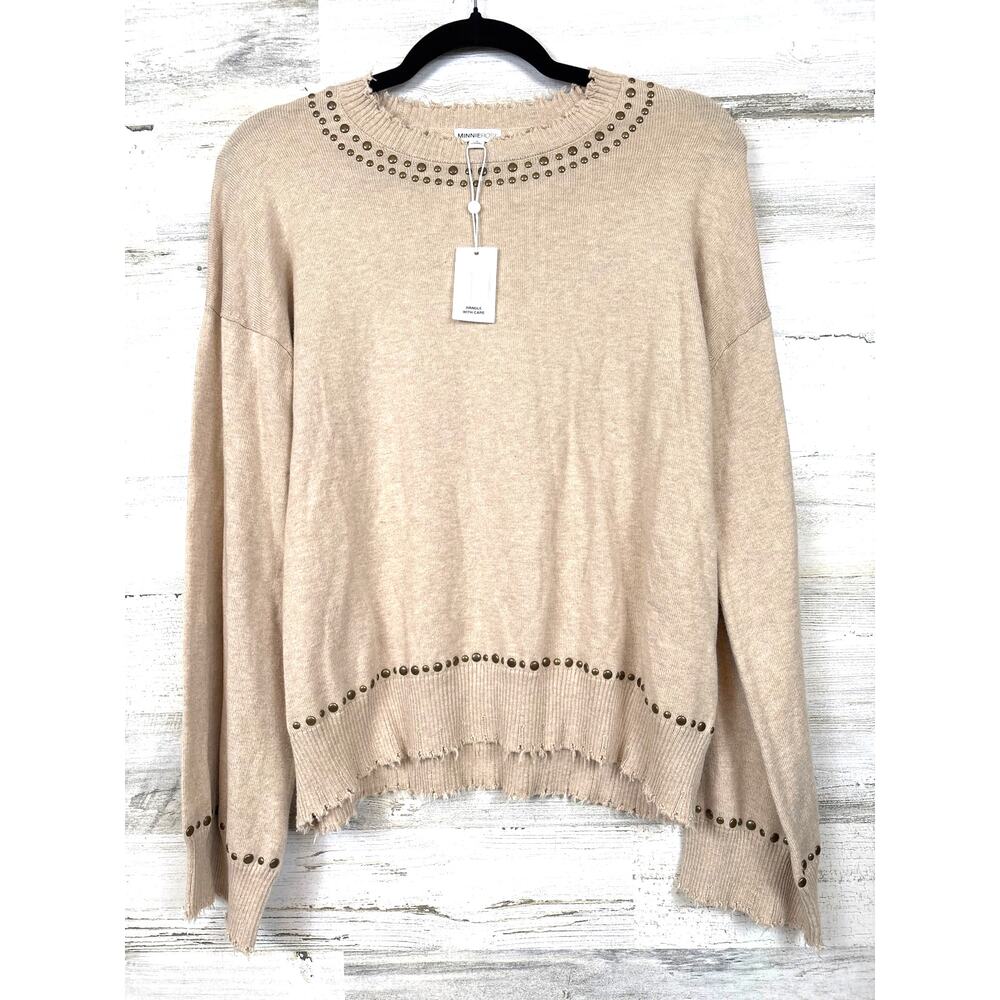 Minnie Rose Womens S Tan Cashmere Blend Knit Sweater Beaded Boho NWT